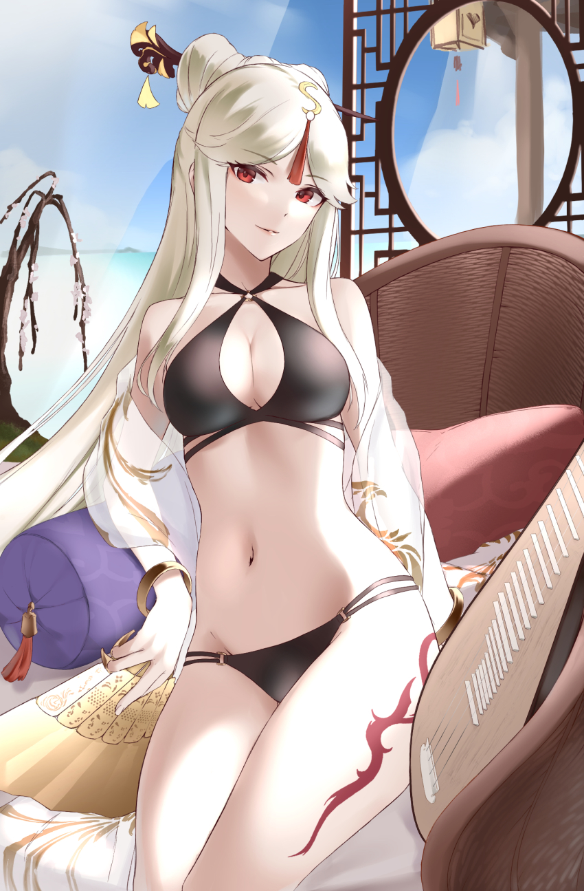 1girl, bad_id, bad_pixiv_id, bed, bikini, biwa_lute, bracelet, breasts