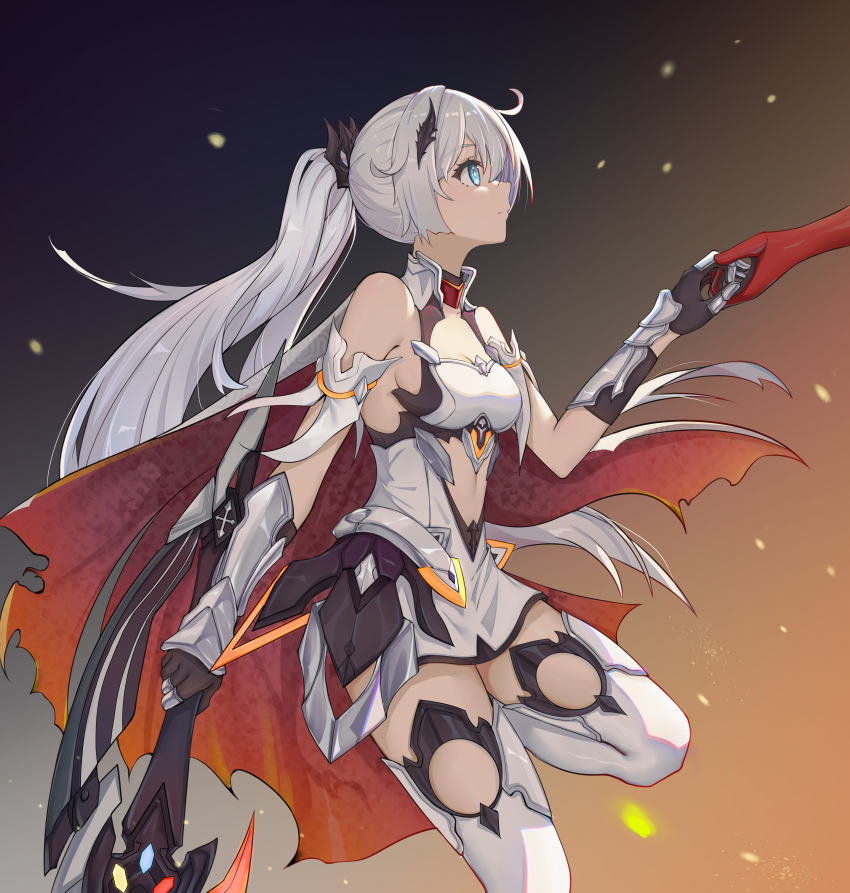 2girls, absurdres, antenna_hair, armor, bare_shoulders, black_gloves, blue_eyes, boots, breasts, cape, closed_mouth, gauntlets, gloves, hair_between_eyes, hair_ornament, highres, holding, holding_hands, holding_sword, holding_weapon, honkai_(series), honkai_impact_3rd, kiana_kaslana, kiana_kaslana_(herrscher_of_flamescion), lao_lai, leg_up, looking_to_the_side, multiple_girls, murata_himeko, murata_himeko_(vermillion_knight), ponytail, red_gloves, sideboob, smile, sword, thigh_boots, thighhighs, torn_cape, torn_clothes, weapon, white_footwear, white_hair