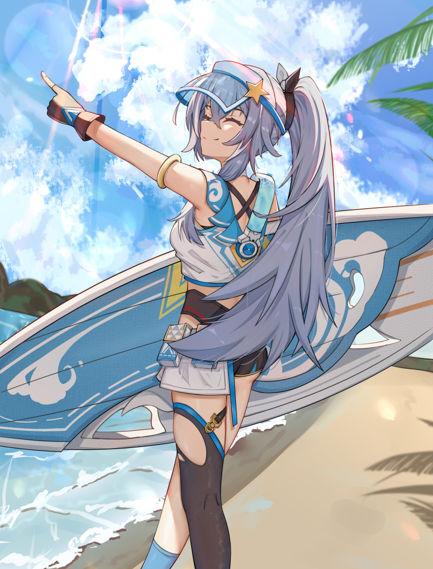 1girl, absurdres, asymmetrical_legwear, back, beach, black_thighhighs, blue_sky, blue_socks