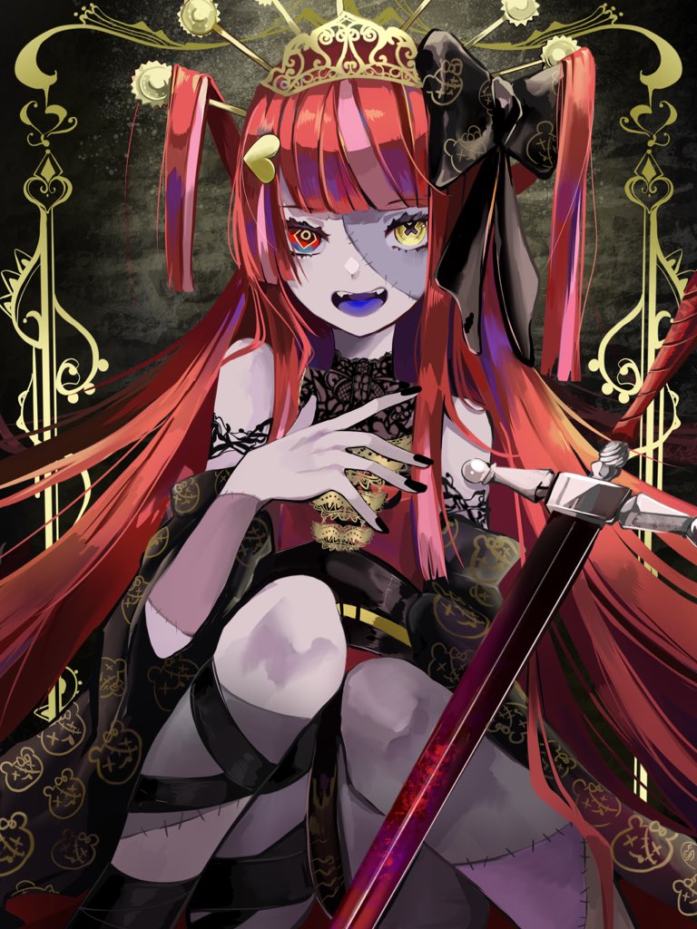 1girl, black_nails, colored_skin, colored_tongue, dress, fangs, grey_skin, headdress, heterochromia, hololive, hololive_indonesia, kureiji_ollie, long_hair, mamiya_miya, multicolored_hair, nail_polish, open_hand, pink_hair, purple_tongue, red_eyes, red_hair, sitting, solo, stitched_arm, stitched_face, stitched_leg, stitches, streaked_hair, sword, tiara, udin_(kureiji_ollie), very_long_hair, virtual_youtuber, weapon, wedding_dress, yellow_eyes, zombie