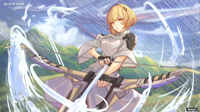 1girl, absurdres, alchemy_stars, armor, artist_name, black_gloves, blonde_hair, bow_(weapon)