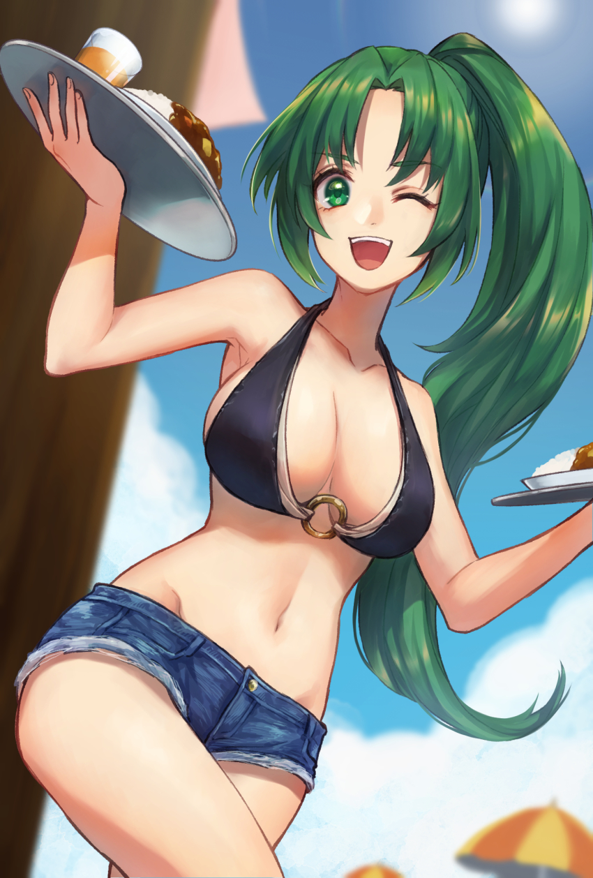 1girl, alternate_costume, breasts, cleavage, curry, curry_rice, denim, denim_shorts