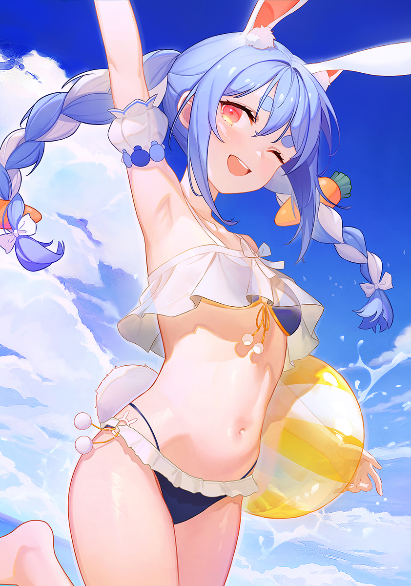 1girl, ;d, animal_ears, arm_up, armpits, ball, bikini, blue_bikini