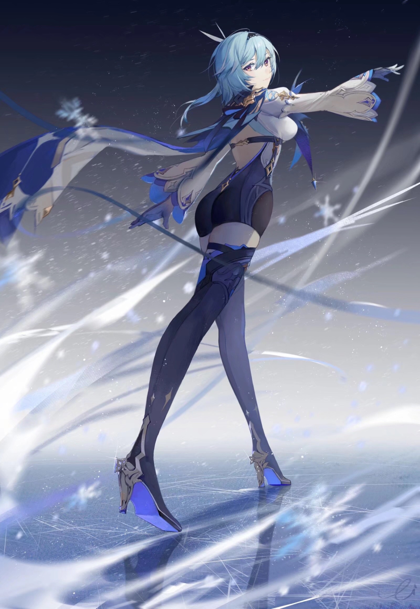 1girl, bare_back, black_leotard, black_thighhighs, blue_hair, blurry, boots, cape, commentary_request, dancing, depth_of_field, eula_(genshin_impact), from_behind, full_body, genshin_impact, gloves, hair_between_eyes, hair_ornament, hairband, high_heels, highres, ice, leotard, lizi_(st3648), long_hair, looking_at_viewer, looking_back, orange_eyes, sidelocks, simple_background, snowing, solo, standing, thigh_boots, thighhighs, two-tone_gloves, wide_sleeves, zettai_ryouiki