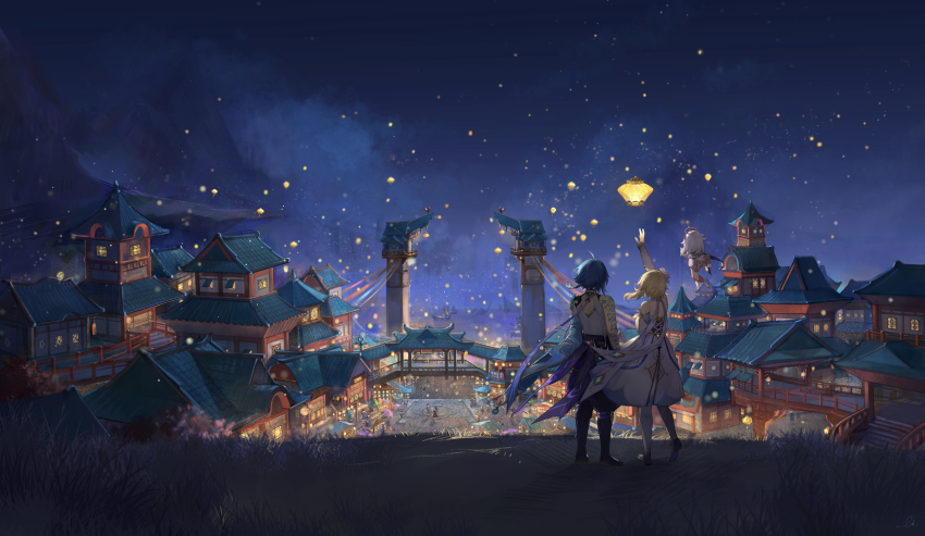 1boy, 2girls, absurdres, architecture, blonde_hair, cityscape, cloud, cloudy_sky