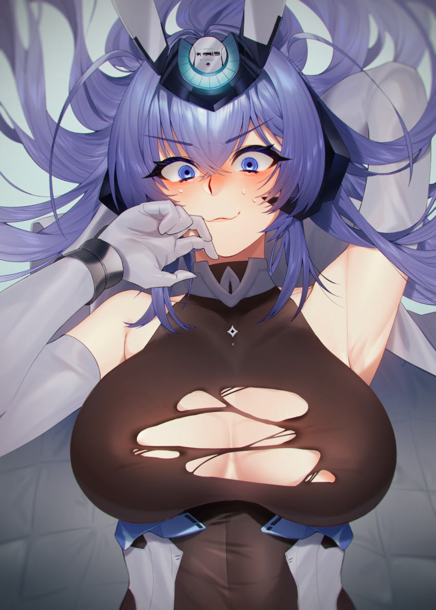 1girl, :3, arm_behind_head, armpits, azur_lane, blush, bodystocking, breasts