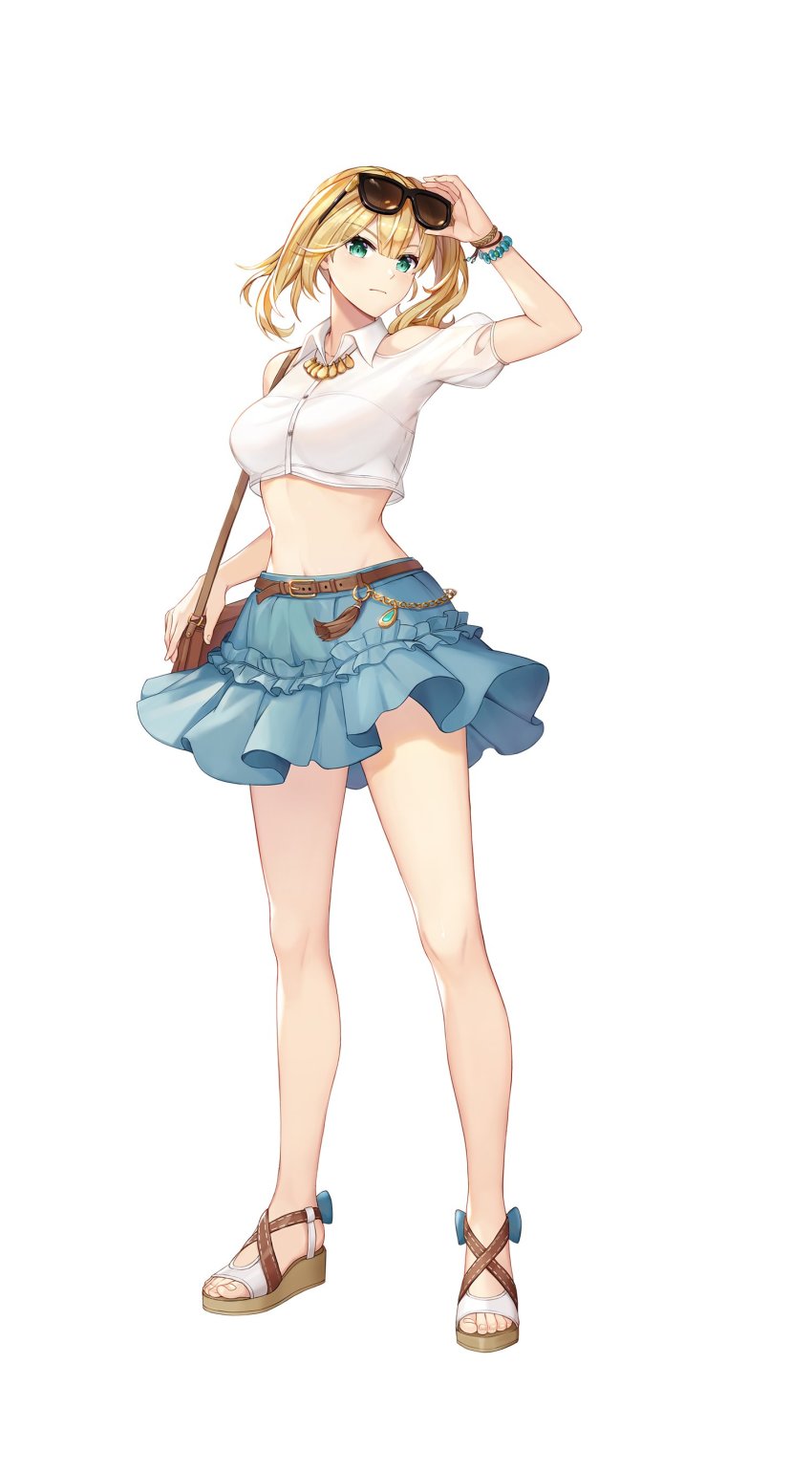 1girl, absurdres, adjusting_eyewear, arm_up, bag, bare_legs, bead_bracelet, beads, blonde_hair, blue_skirt, bracelet, breasts, chrisha_(king's_raid), clothing_cutout, collared_shirt, crop_top, crop_top_overhang, eyewear_on_head, full_body, green_eyes, hand_on_eyewear, highres, jewelry, king's_raid, long_hair, looking_at_viewer, medium_breasts, midriff, miniskirt, navel, official_art, sandals, shirt, short_sleeves, shoulder_bag, shoulder_cutout, side_ponytail, skirt, solo, standing, stomach, sunglasses, thighs, white_background, white_shirt