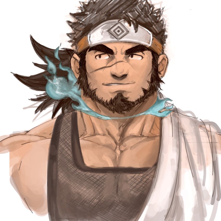 1boy, 392mondo, bara, beard, black_tank_top, blue_fire, cropped_shoulders, dark-skinned_male, dark_skin, facial_hair, facial_scar, fire, fishnet_top, fishnets, forehead_protector, forked_eyebrows, hadanugi_dousa, highres, large_pectorals, looking_to_the_side, pectoral_cleavage, male_focus, mature_male, muscular, muscular_male, ninja, open_kimono, pectorals, sandayu_(housamo), scar, scar_on_cheek, scar_on_face, scar_on_nose, short_hair, sidepec, smirk, solo, tank_top, tokyo_houkago_summoners, unfinished