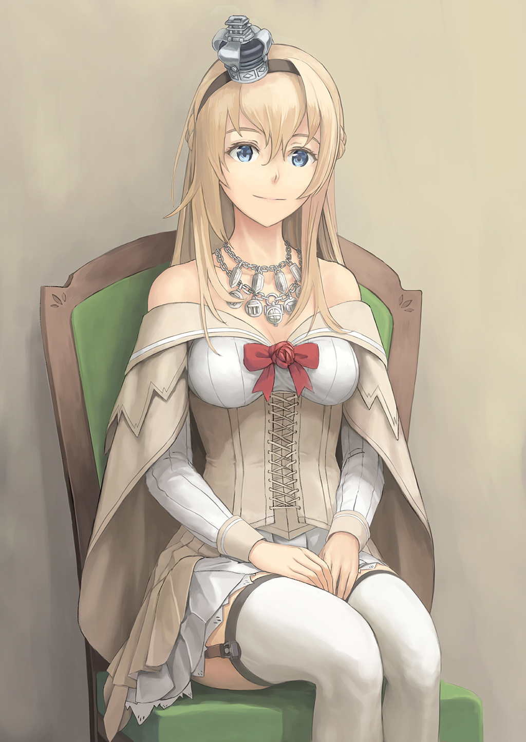 1girl, black_hairband, blonde_hair, blue_eyes, braid, closed_mouth, crown, dress