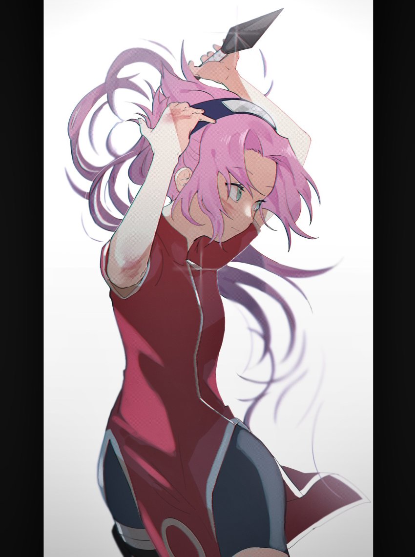 1girl, asymmetrical_legwear, bandaged_leg, bandages, bike_shorts, cutting_hair, cutting_own_hair, dress, forehead, forehead_protector, hands_up, haruno_sakura, headband, highres, holding, holding_weapon, hurt, kunai, looking_away, naruto_(classic), naruto_(series), pillarboxed, pink_hair, red_dress, severed_hair, short_hair, simple_background, solo, spike_(fluffyspiky), weapon, white_background, zipper_pull_tab