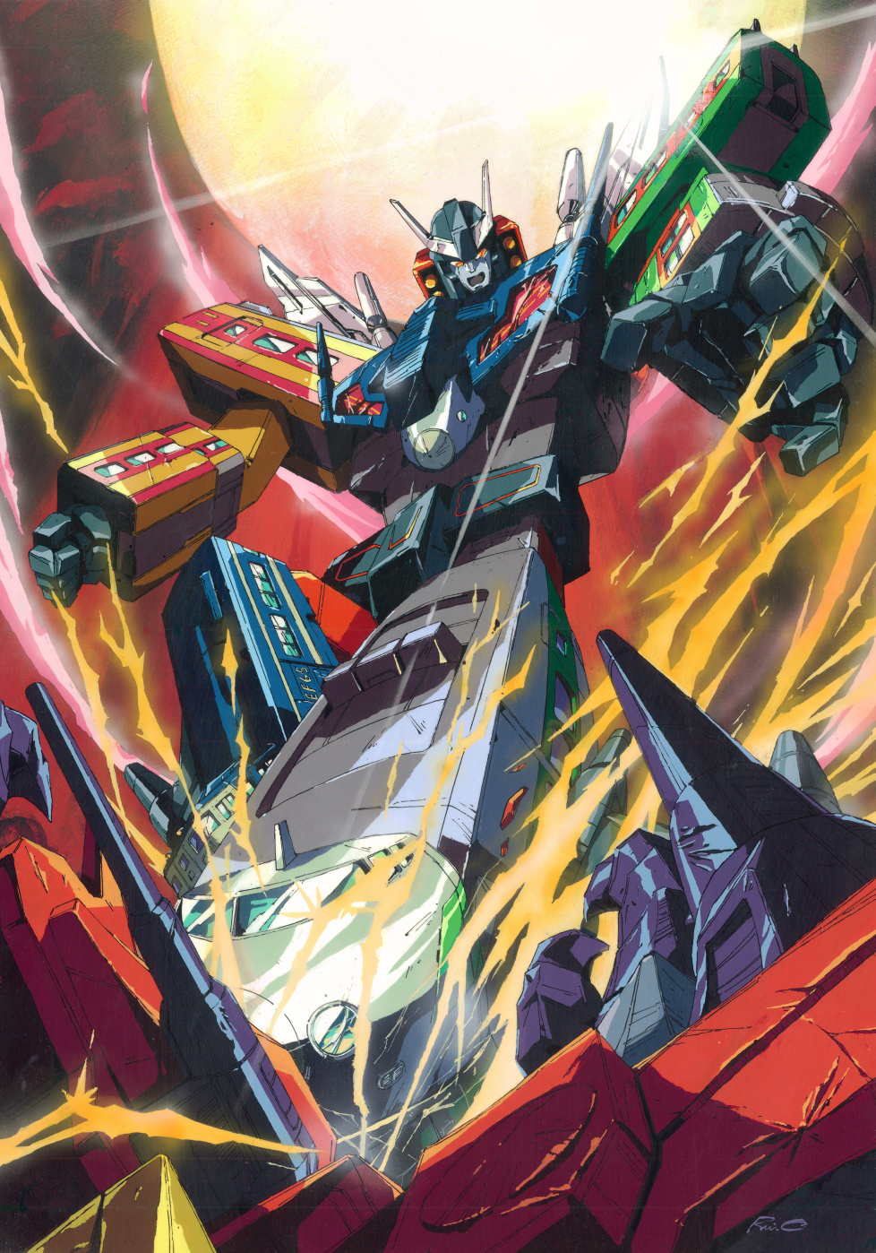 autobot, highres, holding, holding_sword, holding_weapon, kicking, marble-v, mecha, no_humans, open_hand, orange_eyes, raiden_(transformers), robot, science_fiction, solo_focus, super_robot, sword, transformers, v-fin, weapon