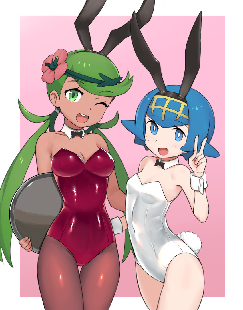 2girls, ;d, absurdres, alternate_costume, animal_ears, blue_eyes, blue_hair, blush, breasts, bright_pupils, commentary_request, dark-skinned_female, dark_skin, detached_collar, eyelashes, fake_animal_ears, flower, green_eyes, green_hair, hair_flower, hair_ornament, hairband, hand_up, highres, holding, holding_tray, lana_(pokemon), leotard, long_hair, looking_at_viewer, mallow_(pokemon), multiple_girls, nintendo, one_eye_closed, open_mouth, pantyhose, pink_flower, playboy_bunny, pokemon, pokemon_sun_and_moon, rabbit_ears, rabbit_tail, red_leotard, smile, squid_neetommy, swept_bangs, tail, thighs, tongue, tray, twintails, v, white_leotard, white_pupils, wrist_cuffs, yellow_hairband