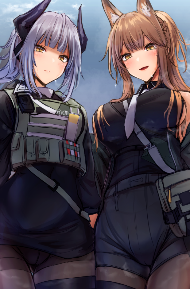 2girls, :d, akehi_yuki, animal_ears, arknights, bare_shoulders, black_legwear, blush, breasts, brown_hair, bulletproof_vest, franka_(arknights), grey_hair, horns, large_breasts, liskarm_(arknights), liskarm_(overload)_(arknights), long_hair, looking_at_viewer, medium_breasts, multiple_girls, official_alternate_costume, open_mouth, pantyhose, ponytail, short_shorts, shorts, skirt, smile, sweat, yellow_eyes