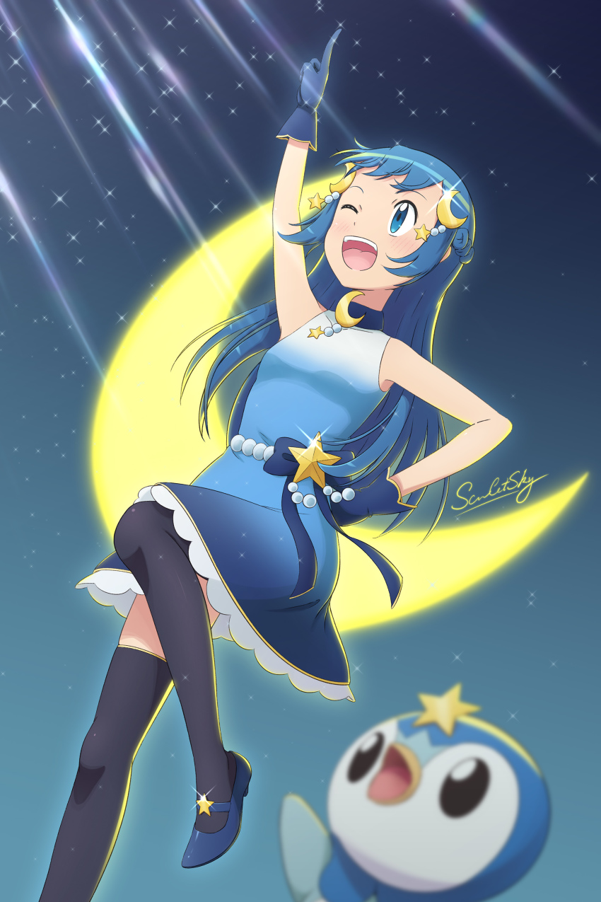 1girl, ;d, absurdres, arm_up, beads, black_thighhighs, blue_dress, blue_eyes