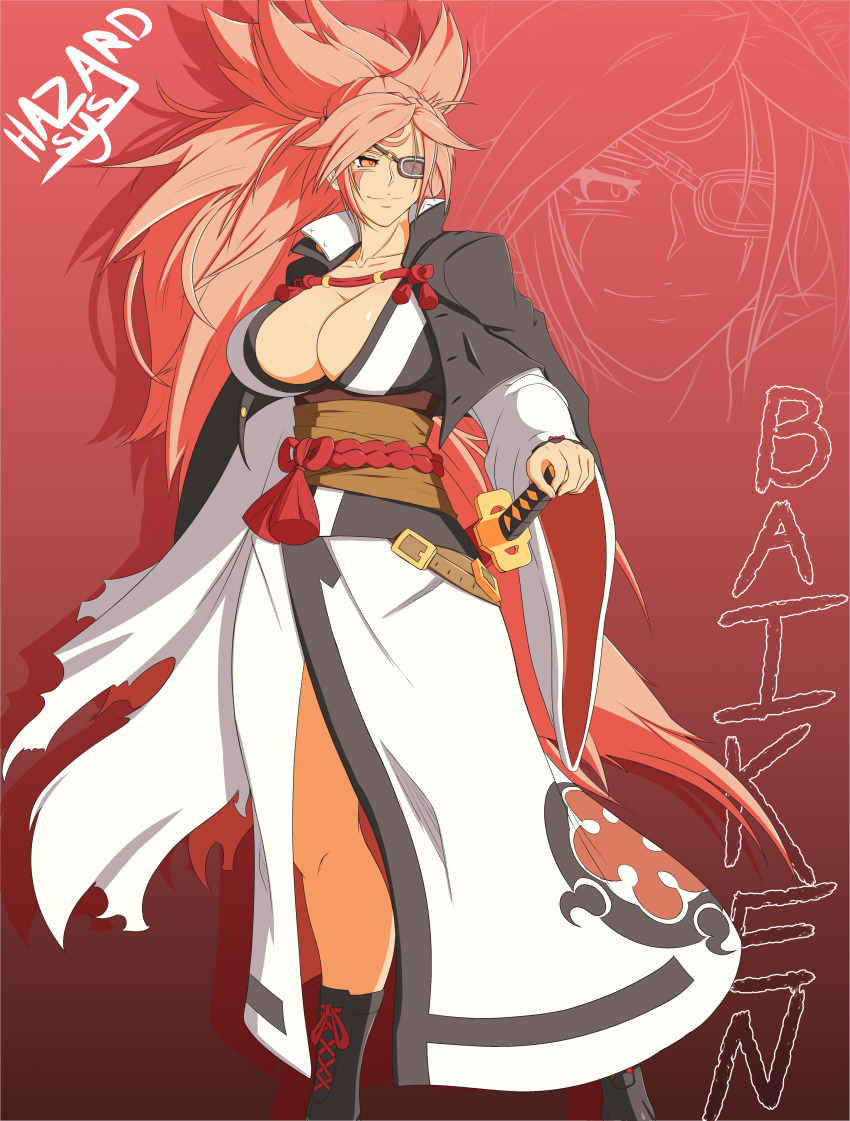 1girl, absurdres, amputee, arc_system_works, artist_name, baiken, belt, belt_buckle