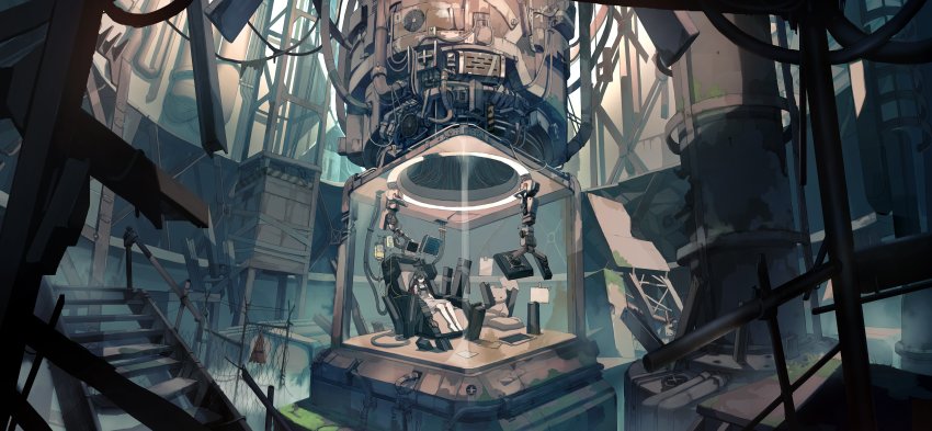 1girl, absurdres, ahoge, alchemy_stars, bandage_over_one_eye, barefoot, black_hair, chain-link_fence