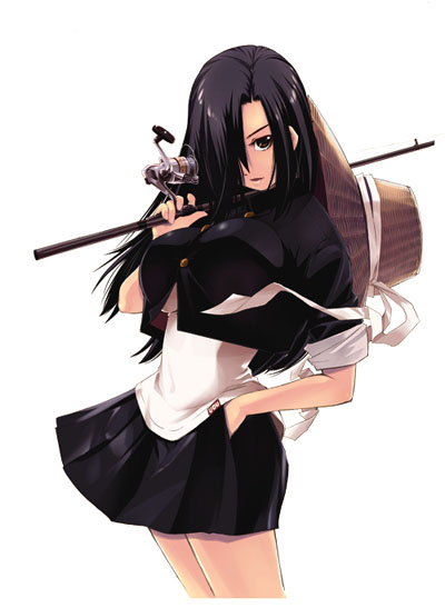 1girl, black_hair, breasts, female_focus, fishing_rod, hair_over_one_eye, hand_in_pocket, hat, holding, holding_fishing_rod, huge_breasts, large_breasts, long_hair, sato_masaki_(masayakofu), shinkai_nagisa, skirt, solo, straw_hat, tsuri_chichi_nagisa