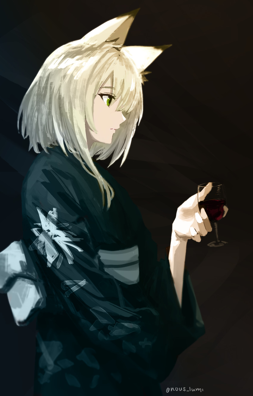 1girl, absurdres, animal_ears, arknights, black_background, black_kimono, cat_ears, commentary, cup, cupping_glass, drink, drinking_glass, facing_to_the_side, from_side, green_eyes, hand_up, highres, holding, holding_drink, japanese_clothes, kal'tsit_(arknights), kimono, looking_away, lumirumi, medium_hair, obi, red_wine, sash, simple_background, solo, twitter_username, upper_body, white_hair, wide_sleeves, wine, wine_glass