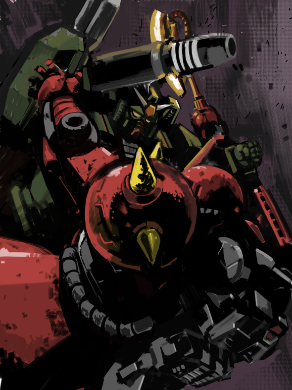 axe, battle, cannon, dandy_(superdive43), gundam, gundam_msv, heavy_full_armor_gundam, holding, holding_weapon, mecha, no_humans, robot, shoulder_cannon, weapon, zaku, zaku_ii, zaku_ii_hmt_johnny_ridden_custom