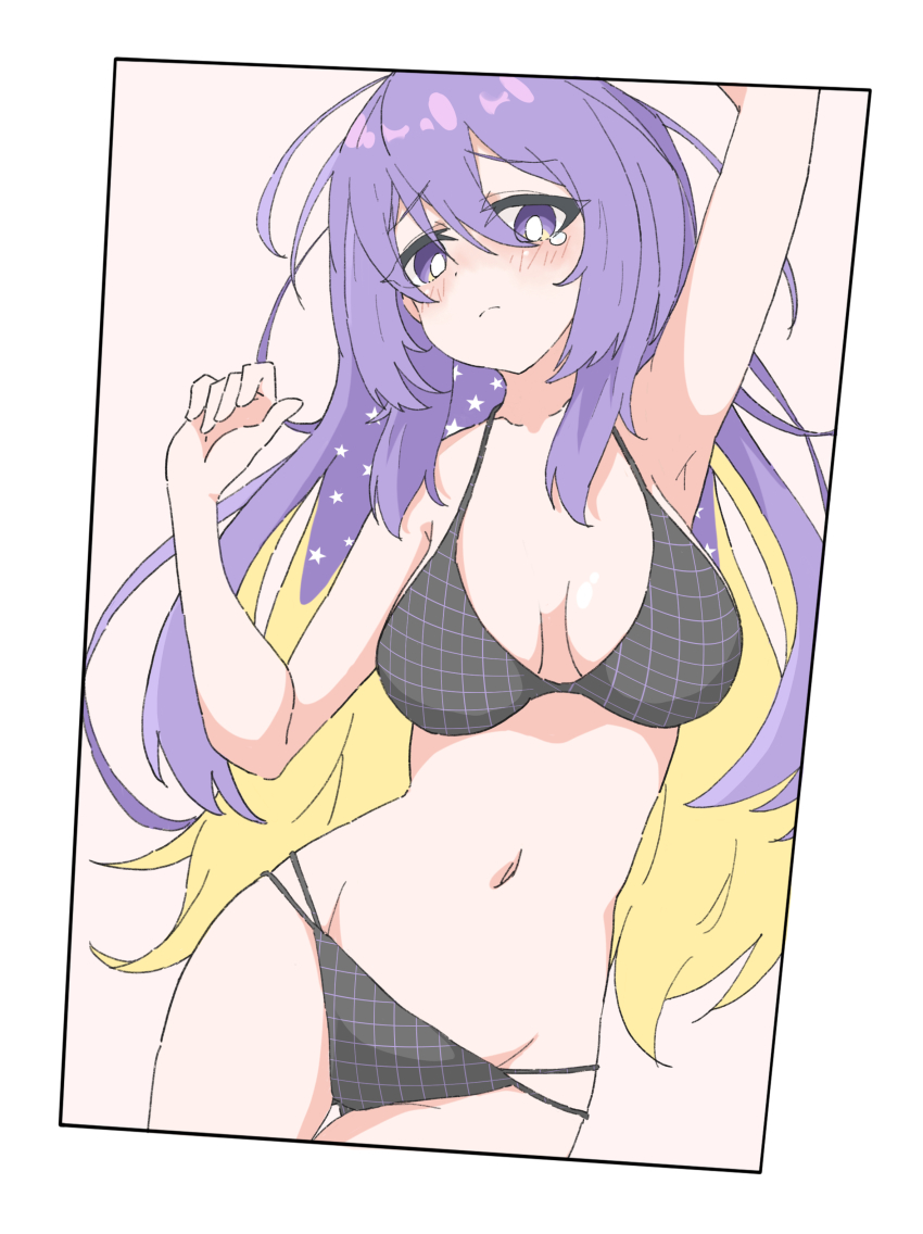 1girl, absurdres, arm_up, armpits, bikini, black_bikini, blonde_hair, breasts