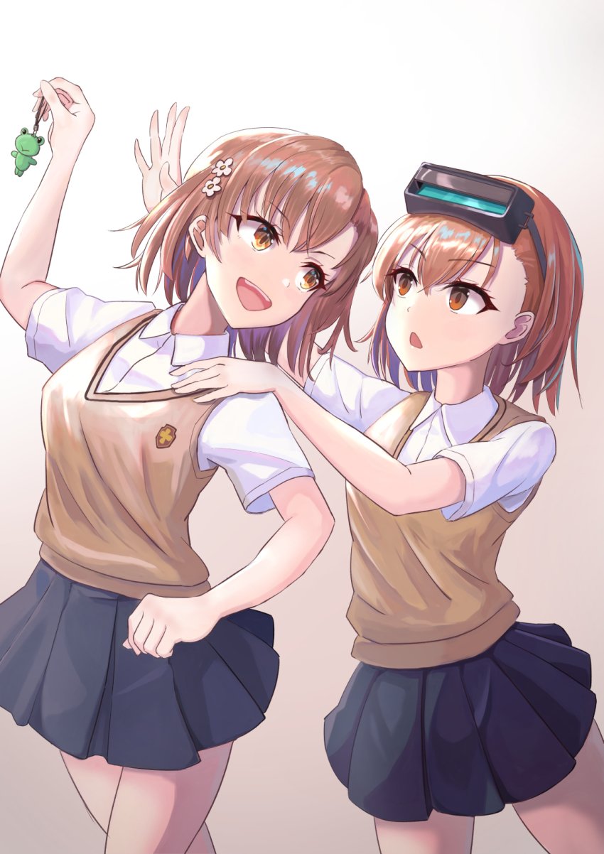 2girls, :<, :d, bob_cut, breasts, brown_eyes, brown_hair, brown_sweater_vest