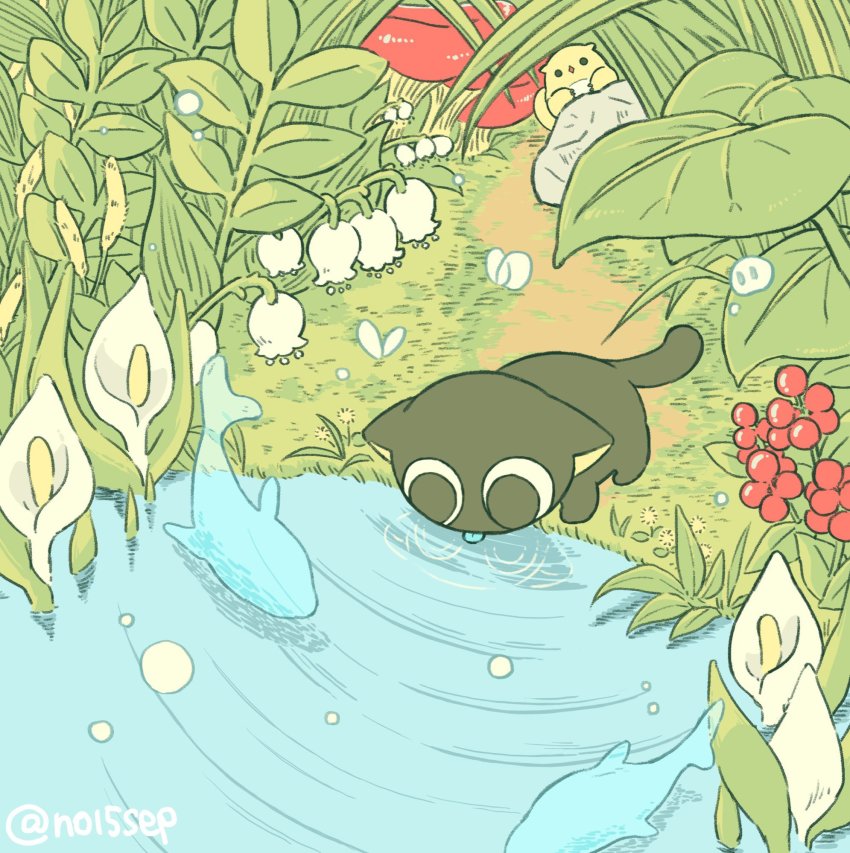 1boy, animal_focus, bidiu_(the_legend_of_luo_xiaohei), black_cat, cat, fish, flower, grass, highres, leaf, lily_(flower), luo_xiaohei, luo_xiaohei_(cat), luo_xiaohei_zhanji, no15sep, no_humans, plant, reflection, solo, twitter_username, water, white_flower