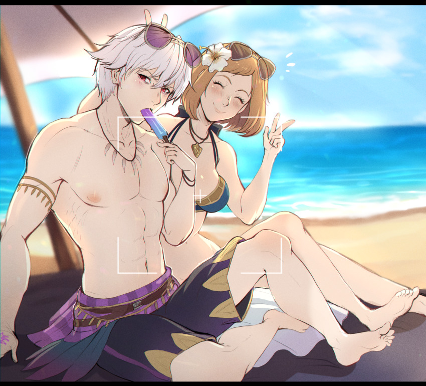 1boy, 1girl, alternate_costume, beach, bikini, black_male_swimwear, black_swim_trunks, blue_bikini, blue_sky, breasts, brown_hair, evomanaphy, eyewear_on_head, female_kiran_(fire_emblem), fire_emblem, fire_emblem_heroes, food, grima_(fire_emblem)_(male), highres, jewelry, kiran_(fire_emblem), looking_at_viewer, male_robin_(fire_emblem), male_robin_(grima)_(fire_emblem), male_swimwear, necklace, nintendo, ocean, popsicle, red_eyes, sky, sunglasses, swim_trunks, swimsuit, tooth_necklace, topless_male, umbrella, v, viewfinder, white_hair