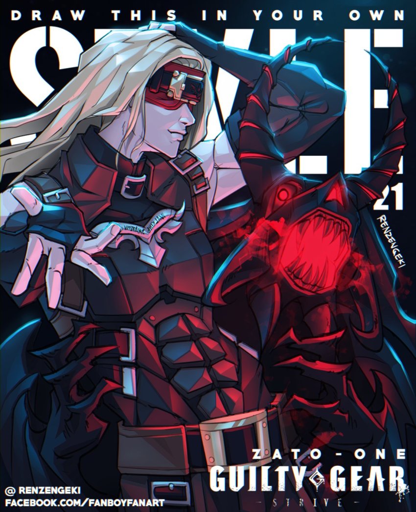 1boy, belt, belt_buckle, blindfold, blonde_hair, buckle, covered_eyes, fingerless_gloves, gloves, guilty_gear, guilty_gear_strive, highres, long_hair, male_focus, renzengeki, straight_hair, zato-1
