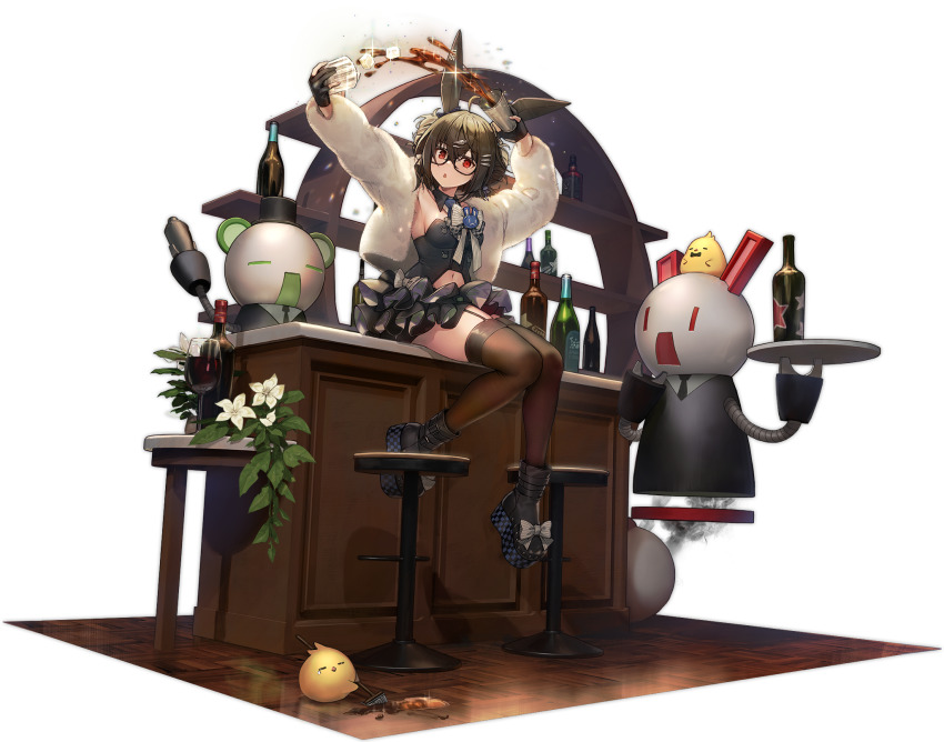 1girl, animal_ears, azur_lane, bare_shoulders, breasts, brown_hair, coat, fake_animal_ears, glasses, hair_ornament, hairclip, highres, ingraham_(azur_lane), ingraham_(fixin_for_a_mixin)_(azur_lane), leotard, looking_at_viewer, manjuu_(azur_lane), medium_breasts, messy_hair, nagu, navel, official_art, playboy_bunny, rabbit_ears, red_eyes, strapless, strapless_leotard, thighhighs, transparent_background