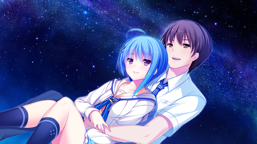 1boy, 1girl, :d, ahoge, black_pants, black_socks, blue_hair, blue_skirt