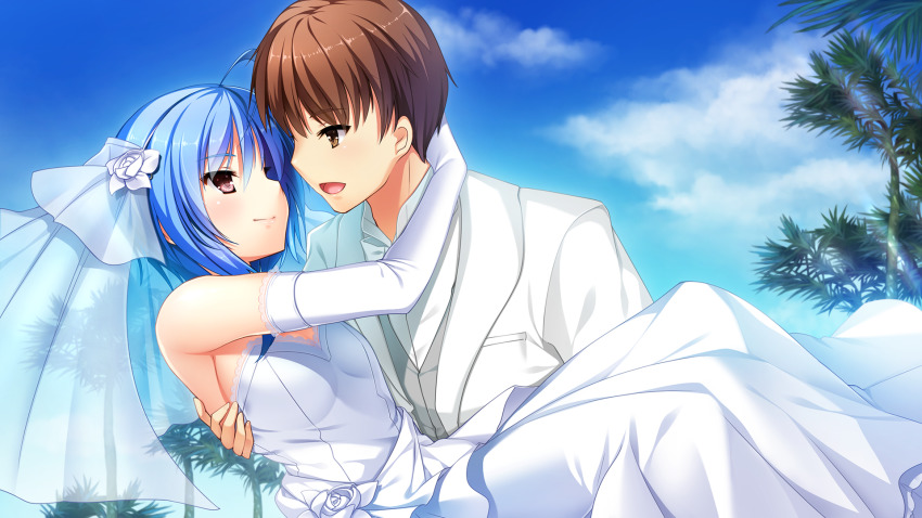 1boy, 1girl, :d, ahoge, blue_hair, blue_sky, breasts, brown_eyes
