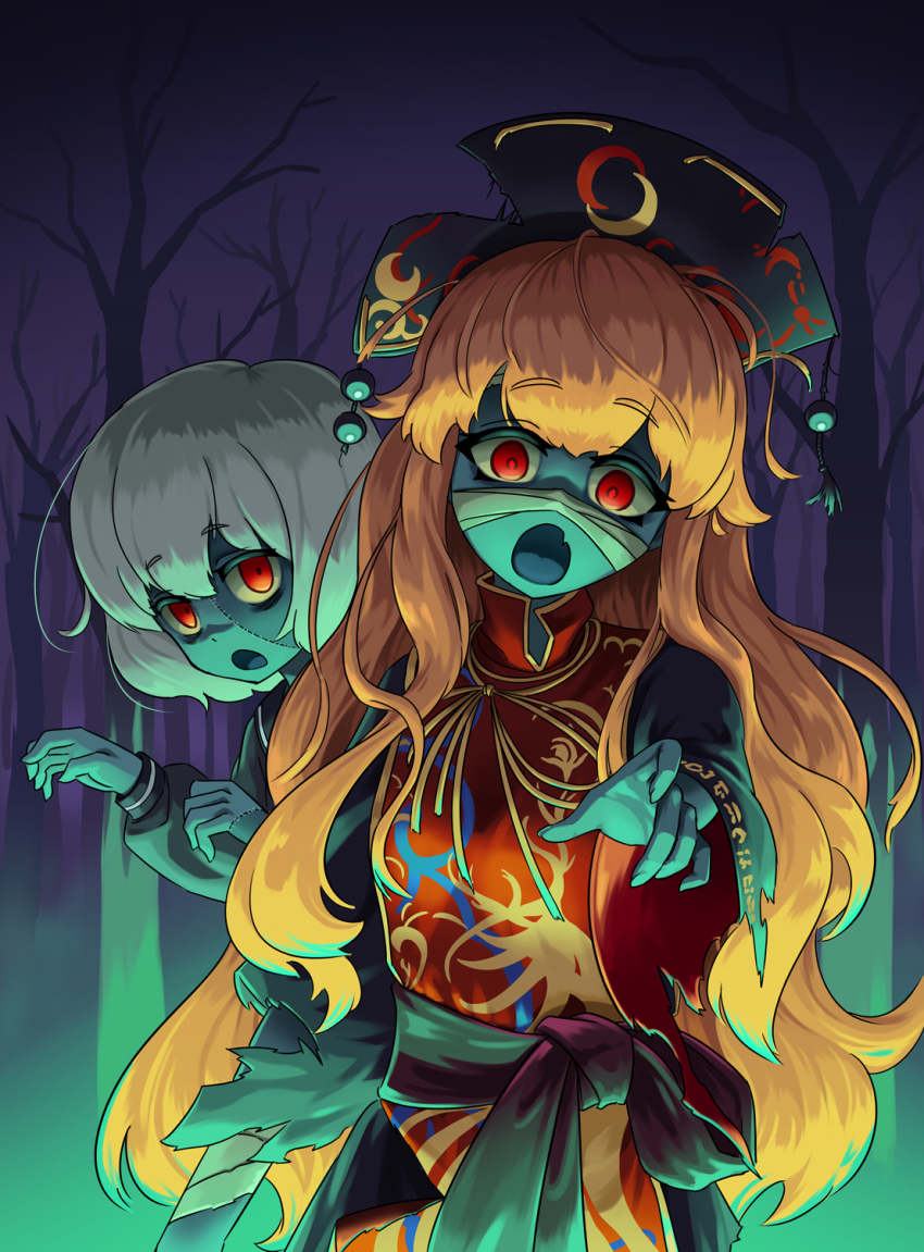 2girls, :o, bags_under_eyes, bandaged_head, bandaged_leg, bandages, bare_tree, blonde_hair