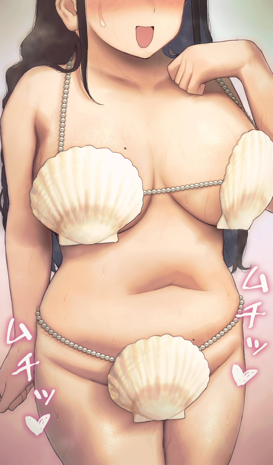 1girl, arm_at_side, belly, bikini, blush, breasts, brown_hair, close-up, commentary_request, cowboy_shot, groin, hand_on_own_chest, head_out_of_frame, heart, heavy_breathing, highres, large_breasts, long_hair, mole, mole_on_stomach, navel, open_mouth, original, pearl_bikini, plump, ryokucha_michi, shell, shell_bikini, shiny_skin, sidelocks, smile, solo, stomach, sweat, sweatdrop, swimsuit, texture, thighs, very_long_hair