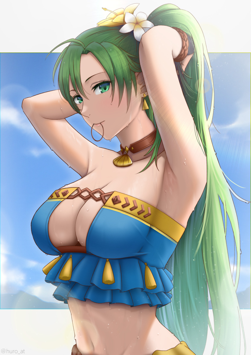 1girl, adjusting_hair, armpits, arms_up, asymmetrical_bangs, bare_arms, bare_shoulders, bikini