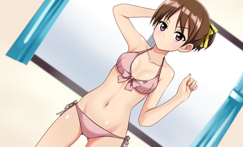 1girl, absurdres, belly, bikini, blush, breasts, brown_hair, closed_mouth, commission, curtains, eyebrows, go!_go!_nippon!, go!_go!_nippon!_2015, go!_go!_nippon!_live_with_you!, go!_go!_nippon!_~my_first_trip_to_japan~, hair_ribbon, hand_on_own_head, highres, kiniro_tofu, legs, manga_gamer, misaki_akira, pink_bikini, red_eyes, ribbon, swimsuit, thighs, virtual_youtuber, window