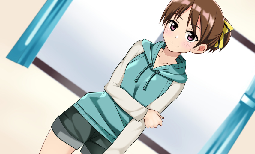 1girl, absurdres, belly, blush, breasts, brown_hair, commission, curtains
