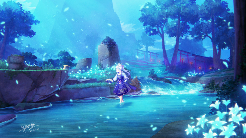 1girl, armor, armored_dress, ayaka_(genshin_impact), blunt_bangs, blurry, choker, collarbone