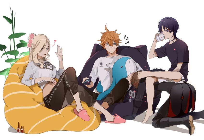 1girl, 3boys, ?, ??, absurdres, ahoge, all_fours, alternate_costume, animal_slippers, aqua_eyes, asymmetrical_bangs, barefoot, black_coat, black_footwear, blonde_hair, blush, boots, brown_hair, brown_pants, bunny_slippers, choker, coat, contemporary, controller, crossed_legs, cup, drinking, earrings, elbow_gloves, eyelashes, eyeliner, fatui_agent_(genshin_impact), fur_trim, genshin_impact, gloves, hair_between_eyes, hair_over_one_eye, hand_up, hands_on_floor, heart, highres, holding, holding_controller, holding_cup, holding_remote_control, holding_stuffed_toy, human_chair, human_furniture, jewelry, knee_boots, knees_apart_feet_together, long_bangs, long_hair, long_sleeves, looking_at_hand, makeup, midriff, military, military_uniform, mug, multiple_boys, nail_polish, open_hand, orange_hair, pants, plant, pnk_crow, purple_eyes, purple_hair, purple_shirt, remote_control, scaramouche_(genshin_impact), shirt, short_sleeves, shorts, sidelocks, signora_(genshin_impact), sitting, sitting_on_person, sitting_on_pillow, slippers, stuffed_animal, stuffed_narwhal, stuffed_toy, sweat, sweatdrop, tartaglia_(genshin_impact), three-quarter_sleeves, track_pants, white_background, white_shirt, white_shorts