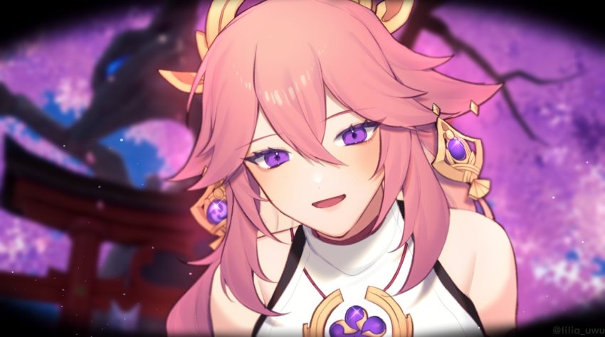 1girl, :d, animal_ears, blurry, commentary_request, depth_of_field, earrings, fox_ears, genshin_impact, hair_between_eyes, hair_ornament, jewelry, lilia_(lilia_uwu), long_hair, looking_at_viewer, open_mouth, pink_hair, pov, purple_eyes, sidelocks, smile, solo, torii, vision_(genshin_impact), waking_up, yae_miko