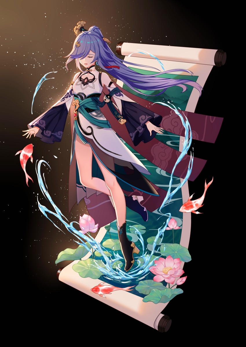 1girl, :o, absurdres, bare_shoulders, black_background, black_boots, black_hair, boots