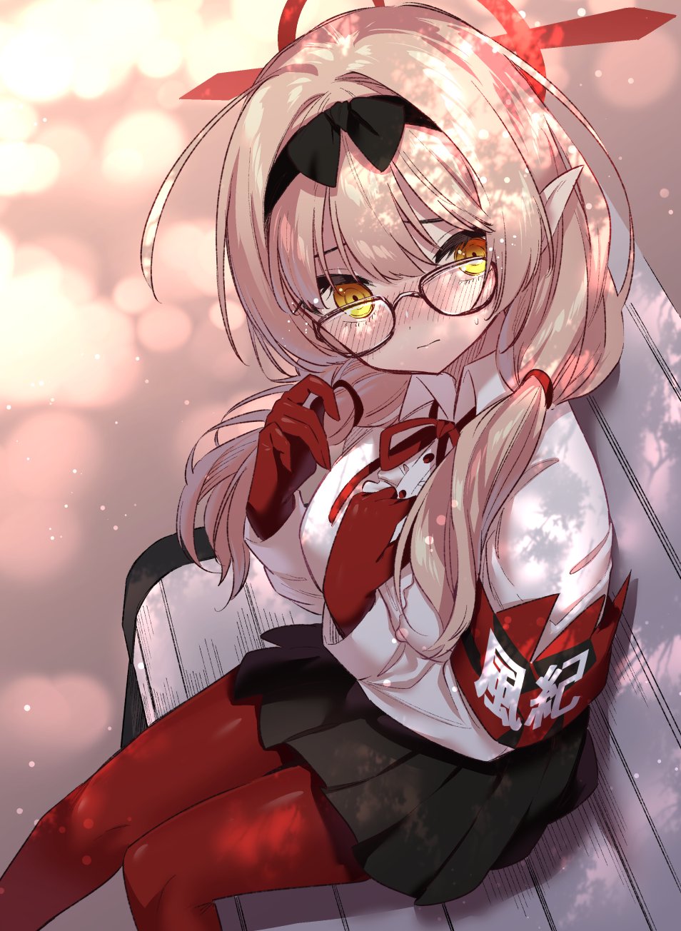 1girl, armband, bench, blonde_hair, blue_archive, breasts, chinatsu_(blue_archive), commentary_request