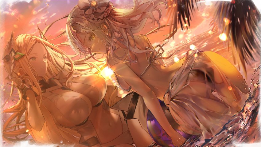 2girls, adjusting_hair, alchemy_stars, ass, back, bikini, black_bikini, blonde_hair