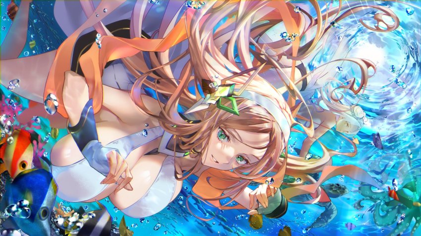 2girls, alchemy_stars, ass, bikini, black_bikini, blonde_hair, braid, braided_bun