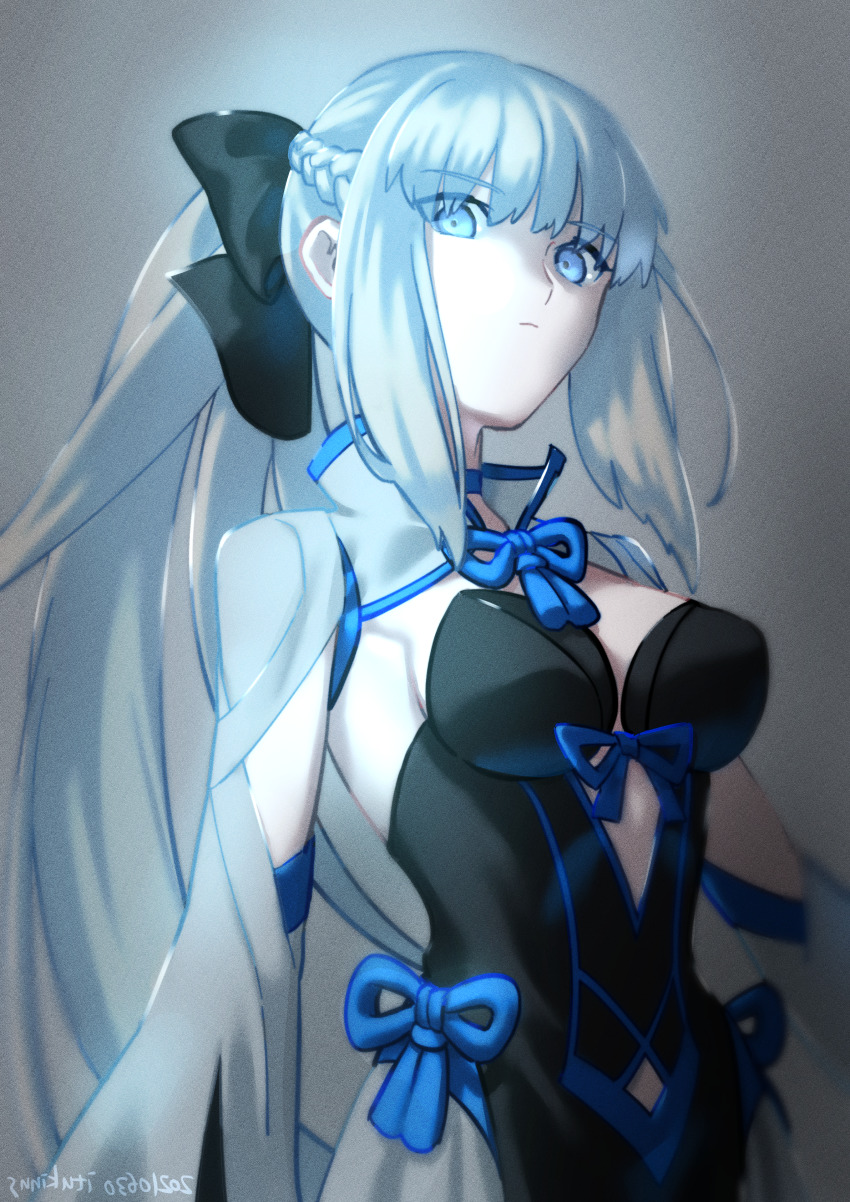 1girl, absurdres, aqua_eyes, black_ribbon, fate/grand_order, fate_(series), grey_hair, highres