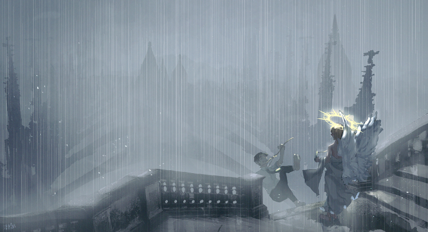 1boy, 1girl, angel, angel_wings, barefoot, black_hair, brown_hair, building