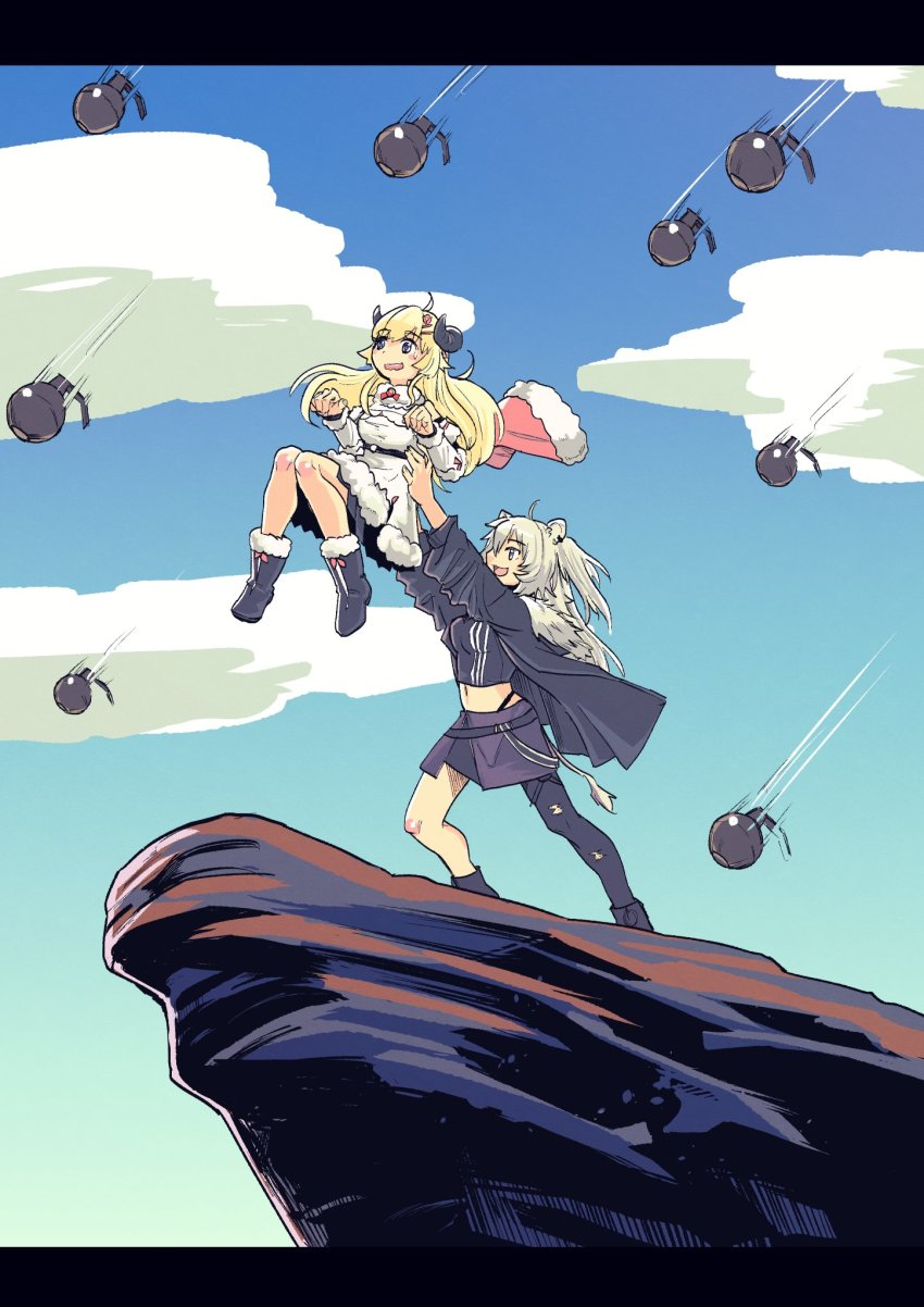 2girls, ahoge, animal_ears, blonde_hair, blue_sky, cape, cliff, cloud