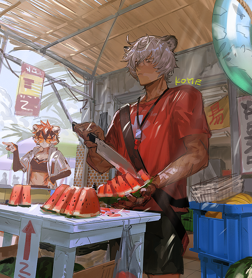 1boy, 1girl, animal_ears, arknights, artist_name, bandaid, bandaid_on_hand, bear_ears