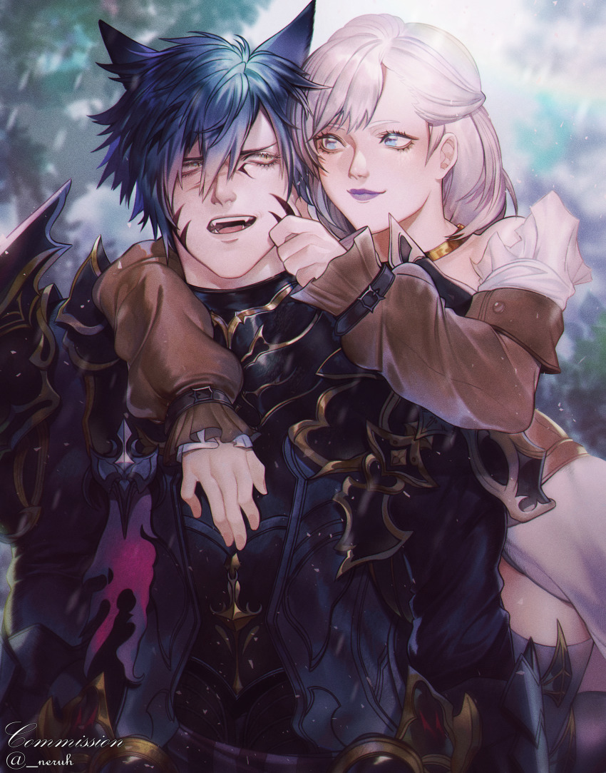 1boy, 1girl, absurdres, animal_ears, armor, warrior_of_light_(ff14), bare_shoulders, black_hair