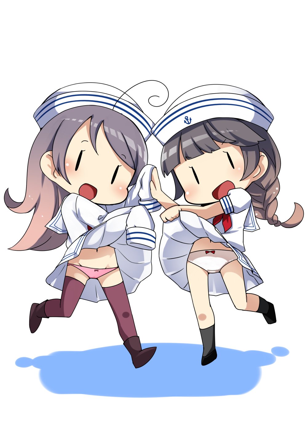 2girls, 61cm_triple_(oxygen)_torpedo_mount, anchor_symbol, braid, brown_hair, clothes_lift, commentary_request, dixie_cup_hat, dress, dress_lift, fairy_(kancolle), full_body, gradient_hair, hat, highres, kantai_collection, kneehighs, long_sleeves, military_hat, multicolored_hair, multiple_girls, nassukun, open_mouth, panties, pink_panties, purple_hair, purple_legwear, school_uniform, serafuku, single_braid, skirt, skirt_lift, sleeves_past_fingers, sleeves_past_wrists, socks, thighhighs, underwear, white_dress, white_headwear, white_panties