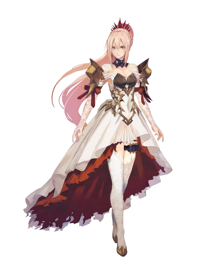 1girl, absurdres, armor, blue_eyes, braid, breasts, cleavage, closed_mouth, collarbone, dress, floral_print, full_body, hair_ornament, half_up_braid, high_heels, highres, huge_filesize, iwamoto_minoru, layered_skirt, lips, long_sleeves, looking_at_viewer, medium_breasts, official_art, pink_hair, shionne_(tales), shoulder_armor, skirt, solo, standing, tales_of_(series), tales_of_arise, thigh_strap, thighhighs, transparent_background, white_dress, white_thighhighs, zettai_ryouiki